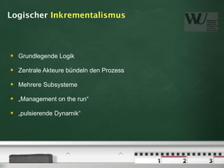 Logischer Inkrementalismus



   Grundlegende Logik

   Zentrale Akteure bündeln den Prozess

   Mehrere Subsysteme

   „Management on the run“

   „pulsierende Dynamik“
 