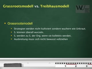 Grassrootsmodell vs. Treibhausmodell




   Grassrootsmodell
         Strategien werden nicht kultiviert sondern wuchern wie Unkraut.
       S. können überall wurzeln.
       S. werden zu S. der Org. wenn sie kollektiv werden.
       Ausbreitung muss sich nicht bewusst vollziehen
 