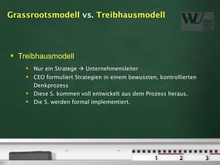 Grassrootsmodell vs. Treibhausmodell




   Treibhausmodell
         Nur ein Stratege  Unternehmensleiter
       CEO formuliert Strategien in einem bewussten, kontrollierten
        Denkprozess
       Diese S. kommen voll entwickelt aus dem Prozess heraus.
       Die S. werden formal implementiert.
 