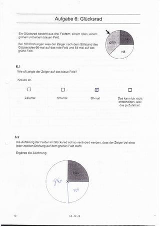 Aufgabe 6: Glücksrad

           Ein Glücksrad besteht aus drei Feldem: einem roten, einem
           grünen und einem blauen Feld.

           Bei 180 Drehungen wies der Zeiger nach dem Stillstand des
           Glücksrades 66-mal auf das rote Feld und 54-mal auf das
           grüne Feld.




      6,1
          Wie oft zeigte der Zeiger auf das blaue Feld?

           Kreuze an.


                 tr                        tr                                            tr
               240-mal                 120-mal                 60-mal            Das kann ich nicht
                                                                                 entscheiden, weil
                                                                                  das ja Zufall ist.




     6.2
      Die Aufteilung der Felder im Glücksrad soll so verändeft werden, dass der Zeigerbei etwa
{-    jeder zweiten Drehung auf dem grünen Feld steht.

          Ergänzedie Zeichnung.




     10                                          L8.M-B
 