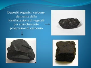 Depositi organici: carbone,
derivante dalla
fossilizzazione di vegetali
per arricchimento
progressivo di carbonio
 