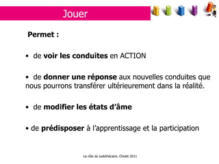 Jouer Permet : de  voir les conduites  en ACTION de  donner une réponse  aux nouvelles conduites que nous pourrons transférer ultérieurement dans la réalité. de  modifier les états d’âme  de  prédisposer  à l’apprentissage et la participation Le rôle du ludothécaire. Cholet 2011 