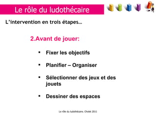 Le rôle du ludothécaire. Cholet 2011 L’intervention en trois étapes… Avant de jouer: Fixer les objectifs Planifier – Organiser Sélectionner des jeux et des jouets Dessiner des espaces Le rôle du ludothécaire 