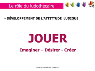Le rôle du ludothécaire. Cholet 2011 DÉVELOPPEMENT DE L’ATTITTUDE  LUDIQUE JOUER Imaginer – Désirer - Créer Le rôle du ludothécaire 