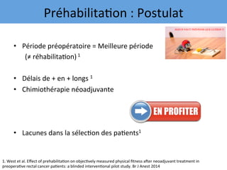 •  Période	préopératoire	=	Meilleure	période		
	(≠	réhabilita7on)	1	
	
•  Délais	de	+	en	+	longs	1		
•  Chimiothérapie	néoadjuvante	
	
•  Lacunes	dans	la	sélec7on	des	pa7ents1	
Préhabilita7on	:	Postulat	
1.	West	et	al.	Eﬀect	of	prehabilita7on	on	objec7vely	measured	physical	ﬁtness	aXer	neoadjuvant	treatment	in	
preopera7ve	rectal	cancer	pa7ents:	a	blinded	interven7onal	pilot	study.	Br	J	Anest	2014	
 