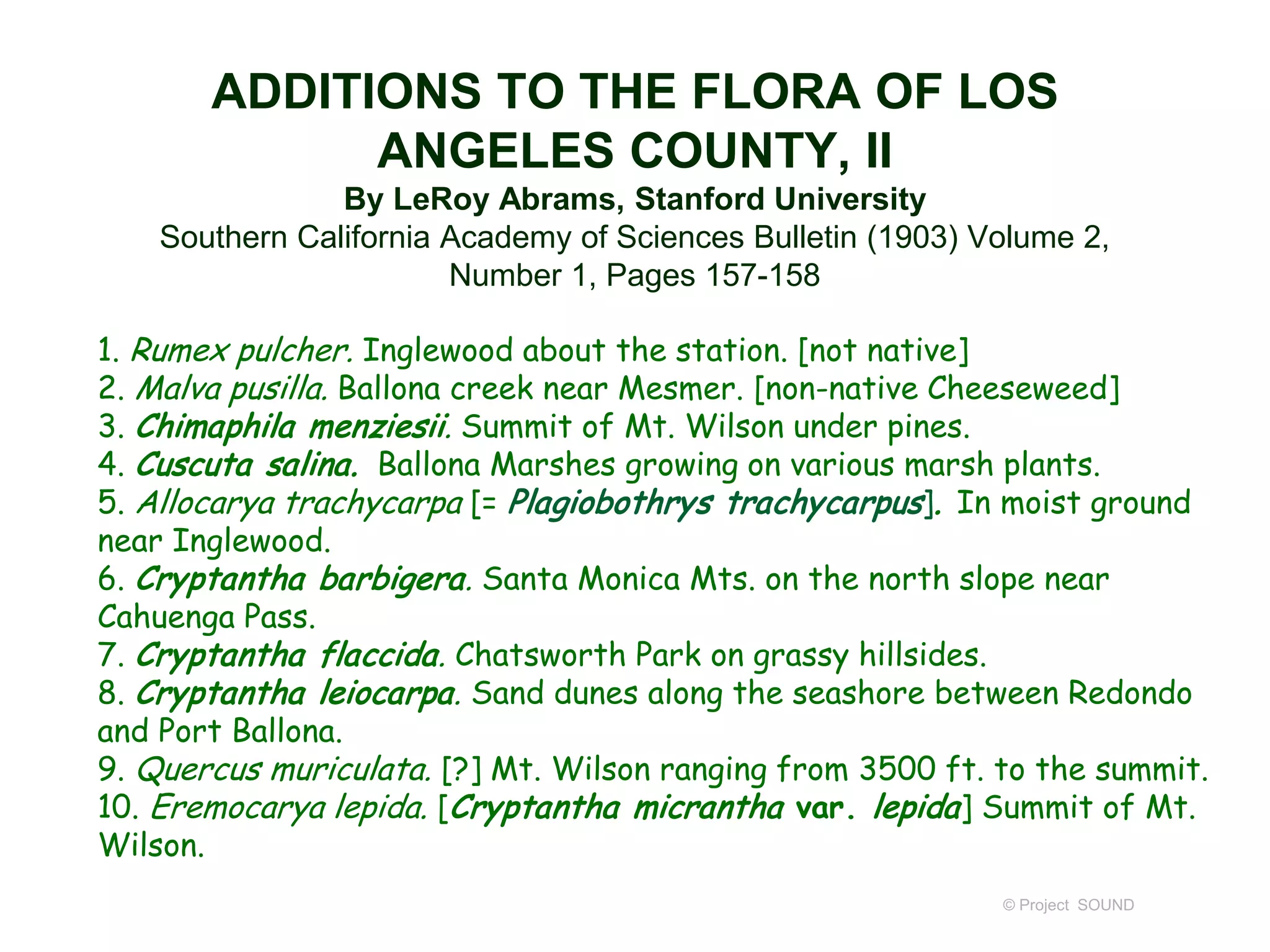 ADDITIONS TO THE FLORA OF LOS
ANGELES COUNTY, II
By LeRoy Abrams, Stanford University
Southern California Academy of Sciences Bulletin (1903) Volume 2,
Number 1, Pages 157-158
1. Rumex pulcher. Inglewood about the station. [not native]
2. Malva pusilla. Ballona creek near Mesmer. [non-native Cheeseweed]
3. Chimaphila menziesii. Summit of Mt. Wilson under pines.
4. Cuscuta salina. Ballona Marshes growing on various marsh plants.
5. Allocarya trachycarpa [= Plagiobothrys trachycarpus]. In moist ground
near Inglewood.
6. Cryptantha barbigera. Santa Monica Mts. on the north slope near
Cahuenga Pass.
7. Cryptantha flaccida. Chatsworth Park on grassy hillsides.
8. Cryptantha leiocarpa. Sand dunes along the seashore between Redondo
and Port Ballona.
9. Quercus muriculata. [?] Mt. Wilson ranging from 3500 ft. to the summit.
10. Eremocarya lepida. [Cryptantha micrantha var. lepida] Summit of Mt.
Wilson.
© Project SOUND
 