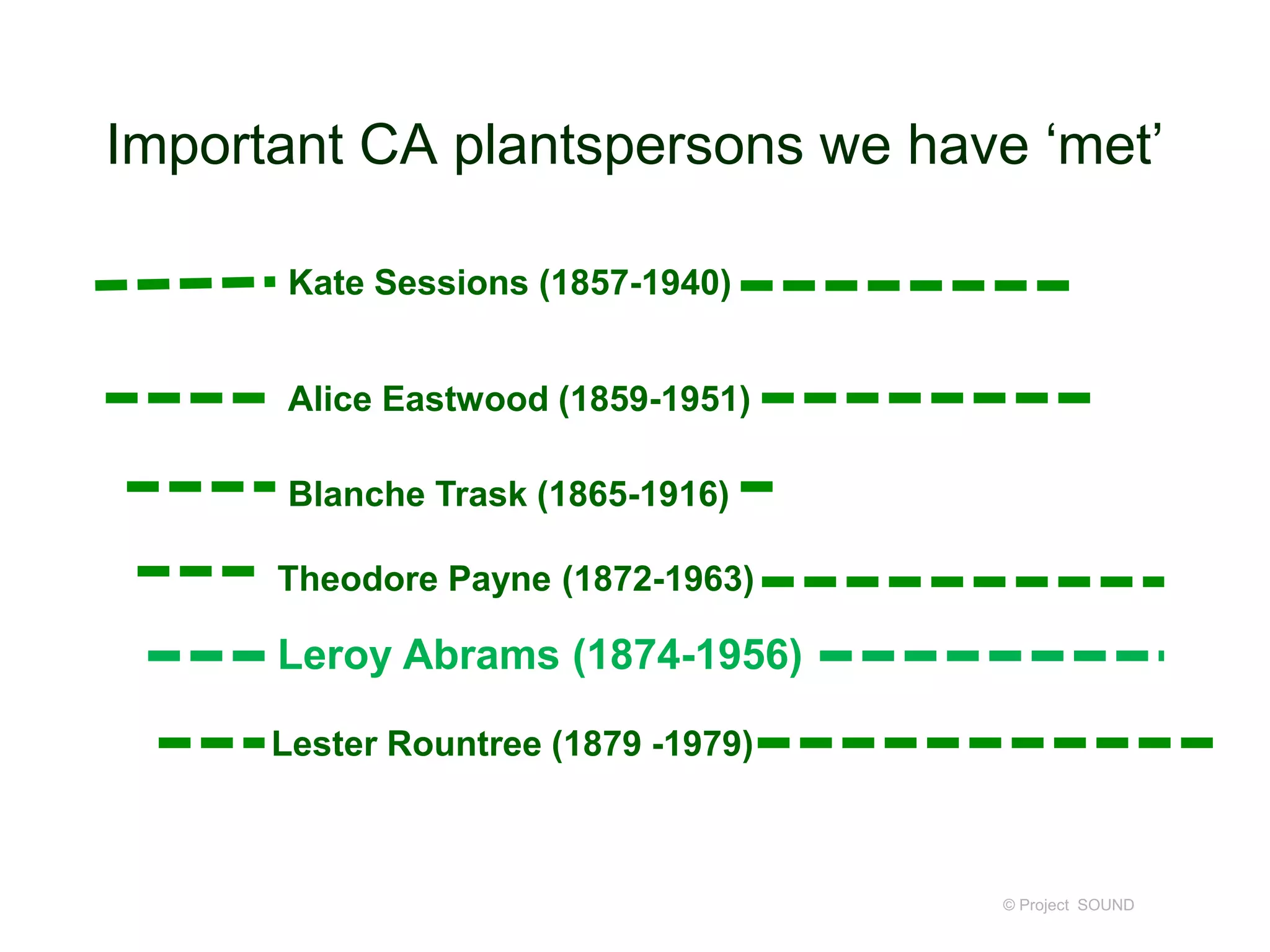 Important CA plantspersons we have ‘met’
© Project SOUND
Kate Sessions (1857-1940)
Blanche Trask (1865-1916)
Lester Rountree (1879 -1979)
Theodore Payne (1872-1963)
Alice Eastwood (1859-1951)
Leroy Abrams (1874-1956)
 