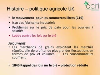 Histoire – politique agricole UK
• le mouvement pour les commerces libres (C19)
• Issu des fabricants industriels
• Problèmes sur le prix de pain pour les ouvriers /
salariés
• Lobby contre les lois sur le blé

Argument

• Les marchands de grains exploitent les marchés
régulés, afin de profiter de plus grandes fluctuations en
termes de prix et volumes …. Les consommateurs
souffrent
• 1846 Rappel des lois sur le blé – protection réduite

 