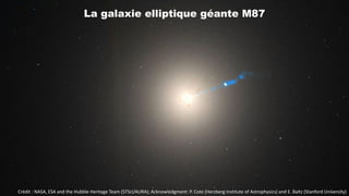 Crédit : NASA, ESA and the Hubble Heritage Team (STScI/AURA); Acknowledgment: P. Cote (Herzberg Institute of Astrophysics) and E. Baltz (Stanford University)
La galaxie elliptique géante M87
 