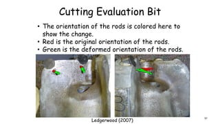 Cutting Evaluation Bit
• The orientation of the rods is colored here to
show the change.
• Red is the original orientation of the rods.
• Green is the deformed orientation of the rods.
Ledgerwood (2007)
97
 