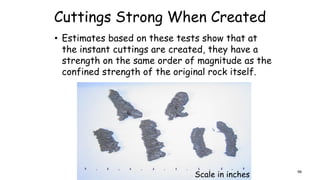 Cuttings Strong When Created
• Estimates based on these tests show that at
the instant cuttings are created, they have a
strength on the same order of magnitude as the
confined strength of the original rock itself.
Scale in inches
98
 