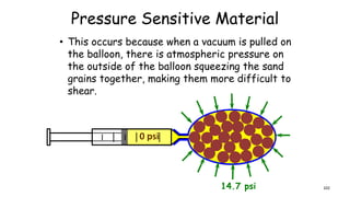 Pressure Sensitive Material
• This occurs because when a vacuum is pulled on
the balloon, there is atmospheric pressure on
the outside of the balloon squeezing the sand
grains together, making them more difficult to
shear.
14.7 psi 102
0 psi
 