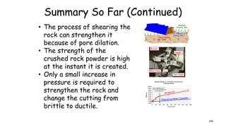Summary So Far (Continued)
• The process of shearing the
rock can strengthen it
because of pore dilation.
• The strength of the
crushed rock powder is high
at the instant it is created.
• Only a small increase in
pressure is required to
strengthen the rock and
change the cutting from
brittle to ductile.
109
 