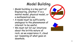 Model Building
• Model building is a key part of
Engineering, whether it is a
mental model, physical model, or
a mathematical one.
• A model must be sufficiently
analogous to the phenomenon of
interest to be useful.
• We must not let our intuitions
about the brittle nature of
rock, as we experience it, cloud
our reasoning of what goes on
downhole.
125
 