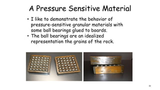 A Pressure Sensitive Material
• I like to demonstrate the behavior of
pressure-sensitive granular materials with
some ball bearings glued to boards.
• The ball bearings are an idealized
representation the grains of the rock.
33
 