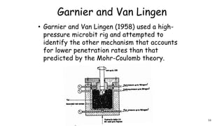 Garnier and Van Lingen
• Garnier and Van Lingen (1958) used a high-
pressure microbit rig and attempted to
identify the other mechanism that accounts
for lower penetration rates than that
predicted by the Mohr-Coulomb theory.
53
 