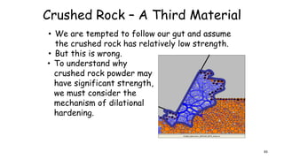 Crushed Rock – A Third Material
• We are tempted to follow our gut and assume
the crushed rock has relatively low strength.
• But this is wrong.
• To understand why
crushed rock powder may
have significant strength,
we must consider the
mechanism of dilational
hardening.
83
 
