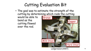 Cutting Evaluation Bit
• The goal was to estimate the strength of the
cutting by determining which rods the cutting
would be able to
bend as the
cutting flowed
over the rod.
Copper
Bronze
Mild Steel
Hard Steel
Ledgerwood (2007) 95
 