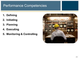 Performance Competencies

1. Defining
2. Initiating
3. Planning
4. Executing
5. Monitoring & Controlling




                              29
 