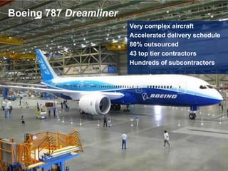 Boeing 787 Dreamliner
Boeing 787
                        Very complex aircraft
                        Accelerated delivery schedule
                        80% outsourced
                        43 top tier contractors
                        Hundreds of subcontractors




                                                    4
 