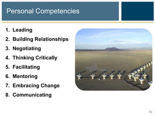 Personal Competencies

1. Leading
2. Building Relationships
3. Negotiating
4. Thinking Critically
5. Facilitating
6. Mentoring
7. Embracing Change
8. Communicating


                            40
 