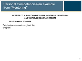 Personal Competencies-an example
from “Mentoring?

         ELEMENT 7.4 RECOGNIZES AND REWARDS INDIVIDUAL
                   AND TEAM ACCOMPLISHMENTS
      PERFORMANCE CRITERIA
Celebrates success throughout the
program




                                                         41
 