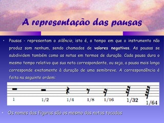 A representação das pausas
• Pausas - representam oPausas - representam o silênciosilêncio, isto é, o tempo em que o instrumento não, isto é, o tempo em que o instrumento não
produz som nenhum, sendo chamados deproduz som nenhum, sendo chamados de valores negativosvalores negativos. As pausas se. As pausas se
subdividem também como as notas em termos de duração. Cada pausa dura osubdividem também como as notas em termos de duração. Cada pausa dura o
mesmo tempo relativo que sua nota correspondente, ou seja, a pausa mais longamesmo tempo relativo que sua nota correspondente, ou seja, a pausa mais longa
corresponde exatamente à duração de uma semibreve. A correspondência écorresponde exatamente à duração de uma semibreve. A correspondência é
feita na seguinte ordem:feita na seguinte ordem:
• Os nomes das figuras são os mesmo das notas tocadasOs nomes das figuras são os mesmo das notas tocadas
 