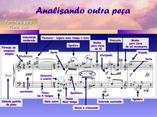 Analisando outra peça
Partitura paraPartitura para
Piano SoloPiano Solo
Fórmula deFórmula de
compassocompasso
simplessimples
VelocidadeVelocidade
moderadamoderada
Fermata – segura mais tempo a notaFermata – segura mais tempo a nota
forteforte
ligaduraligadura
MudouMudou
para clavepara clave
de fáde fá
sforçandosforçando
StaccatoStaccato MudouMudou
para clavepara clave
de sol novamentede sol novamente
trinadotrinado
forteforte
StaccatoStaccato
e acentoe acento
Símbolo padrãoSímbolo padrão
de pianode piano
suavíssimosuavíssimo
PausaPausa
De 4 temposDe 4 tempos
Meio suaveMeio suave
PausaPausa
Meio tempoMeio tempo
Suave e crescendoSuave e crescendo
QuiálteraQuiáltera
Dobrado sustenidoDobrado sustenido
ligaduraligadura
 
