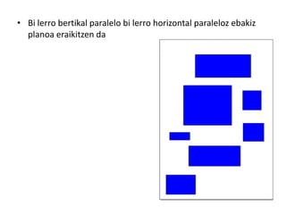 • Bi lerro bertikal paralelo bi lerro horizontal paraleloz ebakiz
  planoa eraikitzen da
 