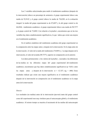 8
Las 3 variables seleccionadas para medir el rendimiento académico (después de
la intervención) obtuvo un porcentaje de asistencia: el grupo experimental obtuvo una
media de 93,9143 y el grupo control obtuvo la media de 78,6389, en la evaluación
integral: la media del grupo experimental es de 87,6057 y la del grupo control es de
66,6944; rendimiento académico: el grupo experimental obtuvo una media de 90,7377
y el grupo control de 73,6083. Con relación a la prueba t, encontramos que en las tres
variables hay datos estadísticamente significativos, lo que indica que existe una mejora
en el rendimiento académico.
En el análisis estadístico del rendimiento académico del grupo experimental en
la comparación entre las etapas antes y después de la intervención. En la etapa antes de
la intervención el valor de la media del rendimiento (74.8891) y la etapa después de la
intervención, el valor de la media (90.7377), superior en comparación con la anterior.
Los datos pertenecientes a los valores de la prueba t, asociados a las diferencias
de las medias en las diferentes etapas del grupo experimental del rendimiento
académico, encontramos que hay datos estadísticamente significativos (p <0,01): entre
las etapas antes y después de la intervención (t = -12.327; sig. = .000). Estos
resultados indican que existe una mejora significativa en el rendimiento académico
después de la intervención en comparación con el rendimiento académico en la etapa
antes de la intervención
Síntesis:
Los resultados (en medias) antes de la intervención (pre-test) tanto del grupo control
como del experimental eran muy similares para el autoconcepto global y el rendimiento
académico. Al mismo tiempo se muestra el incremento de las medias del autoconcepto
 