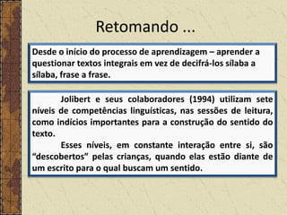 Retomando ...
Desde o início do processo de aprendizagem – aprender a
questionar textos integrais em vez de decifrá-los sílaba a
sílaba, frase a frase.
Jolibert e seus colaboradores (1994) utilizam sete
níveis de competências linguísticas, nas sessões de leitura,
como indícios importantes para a construção do sentido do
texto.
Esses níveis, em constante interação entre si, são
“descobertos” pelas crianças, quando elas estão diante de
um escrito para o qual buscam um sentido.

 