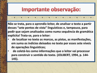 Não se trata, para o aprendiz-leitor, de analisar o texto a partir
desses “sete pontos de vista” linguísticos e, tampouco, para
pedir que sejam analisados como numa sequência de gramática
explícita! Trata-se, para o leitor:
• de localizar no texto as marcas, as pistas, as manifestações,
em suma os indícios deixados no texto por esses sete níveis
de operações linguísticas;
• de coletá-los como informações que o leitor vai processar
para construir o sentido do texto. (JOLIBERT, 1994, p. 144145).

 