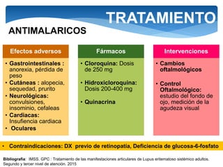 TRATAMIENTO
ANTIMALARICOS
Efectos adversos
• Gastrointestinales :
anorexia, pérdida de
peso
• Cutáneas : alopecia,
sequedad, prurito
• Neurológicas:
convulsiones,
insominio, cefaleas
• Cardiacas:
Insufiencia cardiaca
• Oculares
Fármacos
• Cloroquina: Dosis
de 250 mg
• Hidroxicloroquina:
Dosis 200-400 mg
• Quinacrina
Intervenciones
• Cambios
oftalmológicos
• Control
Oftalmológico:
estudio del fondo de
ojo, medición de la
agudeza visual
• Contraindicaciones: DX previo de retinopatía, Deficiencia de glucosa-6-fosfato
Bibliografía: IMSS. GPC : Tratamiento de las manifestaciones articulares de Lupus eritematoso sistémico adultos.
Segundo y tercer nivel de atención. 2015
 