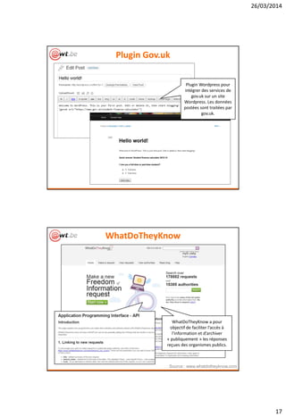 26/03/2014
17
Plugin Gov.uk
Plugin Wordpress pour
intégrer des services de
gov.uk sur un site
Wordpress. Les données
postées sont traitées par
gov.uk.
WhatDoTheyKnow
Source : www.whatdotheyknow.com
WhatDoTheyKnow a pour
objectif de faciliter l’accès à
l'information et d’archiver
« publiquement » les réponses
reçues des organismes publics.
 