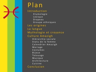 Plan
Introduction
E t y m o l o g i e
L e x i q u e
D r a p e a u
G r o u p e e t h n i q u e s
Les origines
La langue
Mythologie et croyance
Culture Amazigh
H i é r a r c h i e s o c i a l e
S t a t u d e l a fe m m e
C a l e n d r i e r A m a z i g h
M a r i a g e
C o s t u m e s
B i j o u x
Ta t o u a g e
M u s i q u e
A r c h i t e c t u r e
C u i s i n e
Conclusion
 