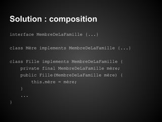 Solution : composition
interface MembreDeLaFamille {...}
class Mère implements MembreDeLaFamille {...}
class Fille implements MembreDeLaFamille {
private final MembreDeLaFamille mère;
public Fille(MembreDeLaFamille mère) {
this.mère = mère;
}
...
}

 