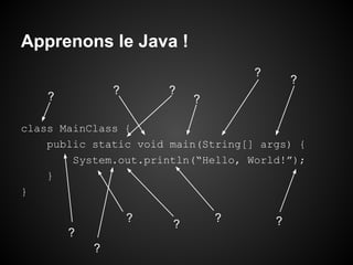 Apprenons le Java !
?
?

?

?

?

?

class MainClass {
public static void main(String[] args) {
System.out.println(“Hello, World!”);
}
}

?
?
?

?

?

?

 