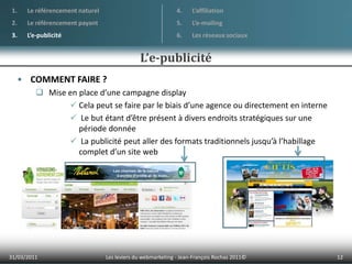 OBJECTIF : apparaître sur des sites proches de votre thématique01/04/201110Les leviers du webmarketing - Jean-François Rochas 2011© Le référencement naturelLe référencement payantL’e-publicitéL’affiliationL’e-mailingLes réseaux sociauxL’e-publicité