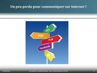 01/04/20112Les leviers du webmarketing - Jean-François Rochas 2011© Un peu perdu pour communiquer sur internet ?SEO      SEM      PUB      Facebook@