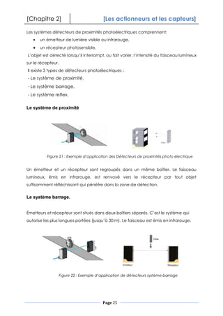 [Chapitre 2] [Les actionneurs et les capteurs]
Page 25
Les systèmes détecteurs de proximités photoélectriques comprennent:
un émetteur de lumière visible ou infrarouge,
un récepteur photosensible.
L’objet est détecté lorsqu’il interrompt, ou fait varier, l’intensité du faisceau lumineux
sur le récepteur.
Il existe 3 types de détecteurs photoélectriques :
- Le système de proximité,
- Le système barrage,
- Le système reflex.
Le système de proximité
Un émetteur et un récepteur sont regroupés dans un même boîtier. Le faisceau
lumineux, émis en infrarouge, est renvoyé vers le récepteur par tout objet
suffisamment réfléchissant qui pénètre dans la zone de détection.
Le système barrage.
Émetteurs et récepteur sont situés dans deux boîtiers séparés. C’est le système qui
autorise les plus longues portées (jusqu’à 30 m). Le faisceau est émis en infrarouge.
Figure 21 : Exemple d’application des Détecteurs de proximités photo électrique
Figure 22 : Exemple d’application de détecteurs système barrage
 