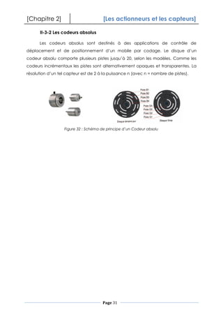 [Chapitre 2] [Les actionneurs et les capteurs]
Page 31
II-3-2 Les codeurs absolus
Les codeurs absolus sont destinés à des applications de contrôle de
déplacement et de positionnement d’un mobile par codage. Le disque d’un
codeur absolu comporte plusieurs pistes jusqu’à 20, selon les modèles. Comme les
codeurs incrémentaux les pistes sont alternativement opaques et transparentes. La
résolution d’un tel capteur est de 2 à la puissance n (avec n = nombre de pistes).
Figure 32 : Schéma de principe d’un Codeur absolu
 