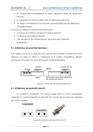 [Chapitre 2] [Les actionneurs et les capteurs]
Page 23
Un champ électromagnétique à haute fréquence dans les détecteurs
inductifs;
La capacité d’un circuit oscillant dans les détecteurs capacitifs,
Le niveau d’éclairement d’un récepteur photosensible dans les détecteurs
Photoélectriques.
Le choix d’un détecteur de proximité dépend de :
La nature du matériau constituant l’objet à détecter,
La distance de l’objet à détecter,
Des dimensions de l’emplacement disponible pour implanter
le détecteur.
II-1-3 Détecteur de proximité électrique :
Ces capteurs servent à la détection sans contact de la position du piston des vérins
spéciaux. Le relais se ferme à l’approche d’un champ magnétique (aimant
permanent sur le piston du vérin) et transmet un signal électrique.
II-1-4 Détecteur de proximité inductif :
Un oscillateur comportant une bobine logée dans un circuit magnétique
engendre un champ magnétique alternatif. Ce champ sort du corps de l’appareil
par sa face sensible.
Figure 17 : Détecteur de proximité électrique
Figure 18 : Détecteur de proximité inductif
 