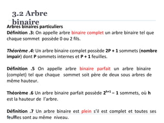 3.2 Arbre
binaire
10
Arbres binaires particuliers
Définition .3: On appelle arbre binaire complet un arbre binaire tel que
chaque sommet possède 0 ou 2 fils.
Théorème .4: Un arbre binaire complet possède 2P + 1 sommets (nombre
impair) dont P sommets internes et P + 1 feuilles.
Définition .5 On appelle arbre binaire parfait un arbre binaire
(complet) tel que chaque sommet soit père de deux sous arbres de
même hauteur.
Théorème .6 Un arbre binaire parfait possède 2h+1
− 1 sommets, où h
est la hauteur de l’arbre.
Définition .7 Un arbre binaire est plein s’il est complet et toutes ses
feuilles sont au même niveau.
 
