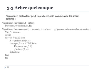 3.3 Arbre quelconque
Parcours en profondeur peut faire du récursif, comme avec les arbres
binaires :
27
 
