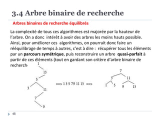 3.4 Arbre binaire de recherche
Arbres binaires de recherche équilibrés
La complexité de tous ces algorithmes est majorée par la hauteur de
l’arbre. On a donc intérêt à avoir des arbres les moins hauts possible.
Ainsi, pour améliorer ces algorithmes, on pourrait donc faire un
rééquilibrage de temps à autres, c’est à dire : récupérer tous les éléments
par un parcours symétrique, puis reconstruire un arbre quasi-parfait à
partir de ces éléments (tout en gardant son critère d’arbre binaire de
recherche).
48
 