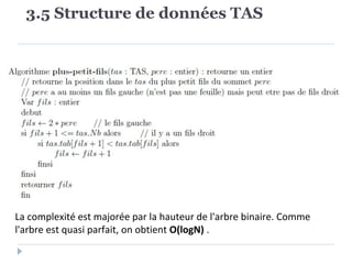 3.5 Structure de données TAS
La complexité est majorée par la hauteur de l'arbre binaire. Comme
l'arbre est quasi parfait, on obtient O(logN) .
 