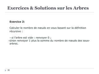 Exercices & Solutions sur les Arbres
80
Exercice 2:
Calculer le nombre de nœuds en vous basant sur la définition
récursive :
- si l'arbre est vide : renvoyer 0 ;
-sinon renvoyer 1 plus la somme du nombre de nœuds des sous-
arbres.
 