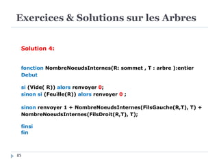 Exercices & Solutions sur les Arbres
85
Solution 4:
fonction NombreNoeudsInternes(R: sommet , T : arbre ):entier
Debut
si (Vide( R)) alors renvoyer 0;
sinon si (Feuille(R)) alors renvoyer 0 ;
sinon renvoyer 1 + NombreNoeudsInternes(FilsGauche(R,T), T) +
NombreNoeudsInternes(FilsDroit(R,T), T);
finsi
fin
 