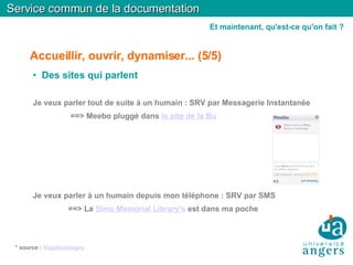 Accueillir, ouvrir, dynamiser... (5/5)‏ Des sites qui parlent   Je veux parler tout de suite à un humain : SRV par Messagerie Instantanée   ==> Meebo pluggé dans  le site de la Bu Je veux parler à un humain depuis mon téléphone : SRV par SMS ==> La  Sims Memorial Library's  est dans ma poche * source :  Vagabondages Service commun de la documentation Et maintenant, qu'est-ce qu'on fait ? 