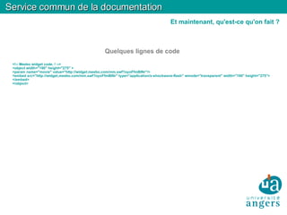 Quelques lignes de code <!-- Meebo widget code. ! -->  <object width="190" height="275" > <param name="movie" value="http://widget.meebo.com/mm.swf?oyoFfmBINr"/> <embed src="http://widget.meebo.com/mm.swf?oyoFfmBINr" type="application/x-shockwave-flash" wmode="transparent" width="190" height="275"> </embed> </object> Service commun de la documentation Et maintenant, qu'est-ce qu'on fait ? 